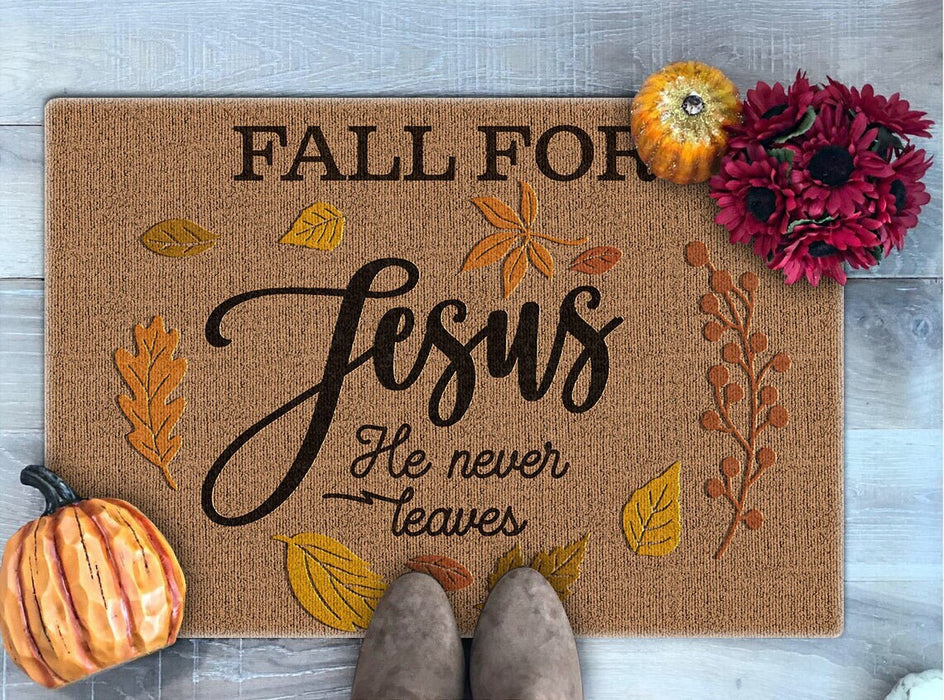 Welcome Doormat For Christian Lovers Fall For Jesus He Never Leaves Maple Leaves Printed Thanksgiving Doormat