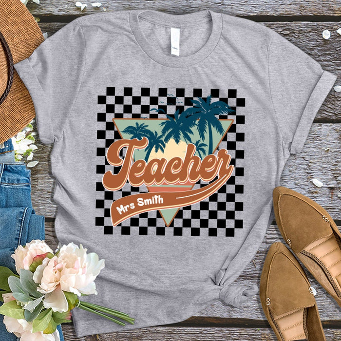 Personalized T-Shirt For Teacher Appreciation Retro Vintage Checkered Pattern Custom Name Shirt Gifts For Back To School