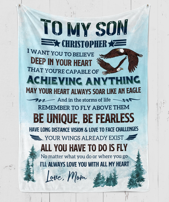 Personalized Blue Fleece Blanket To My Son From Mom Xmas Tree & Eagles Design Print Custom Name Sherpa Blankets