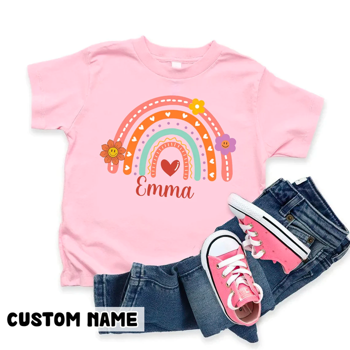 Personalized T-Shirt For Kid Colorful Rainbow With Cute Heart & Flowers Print Custom Name Back To School Outfit
