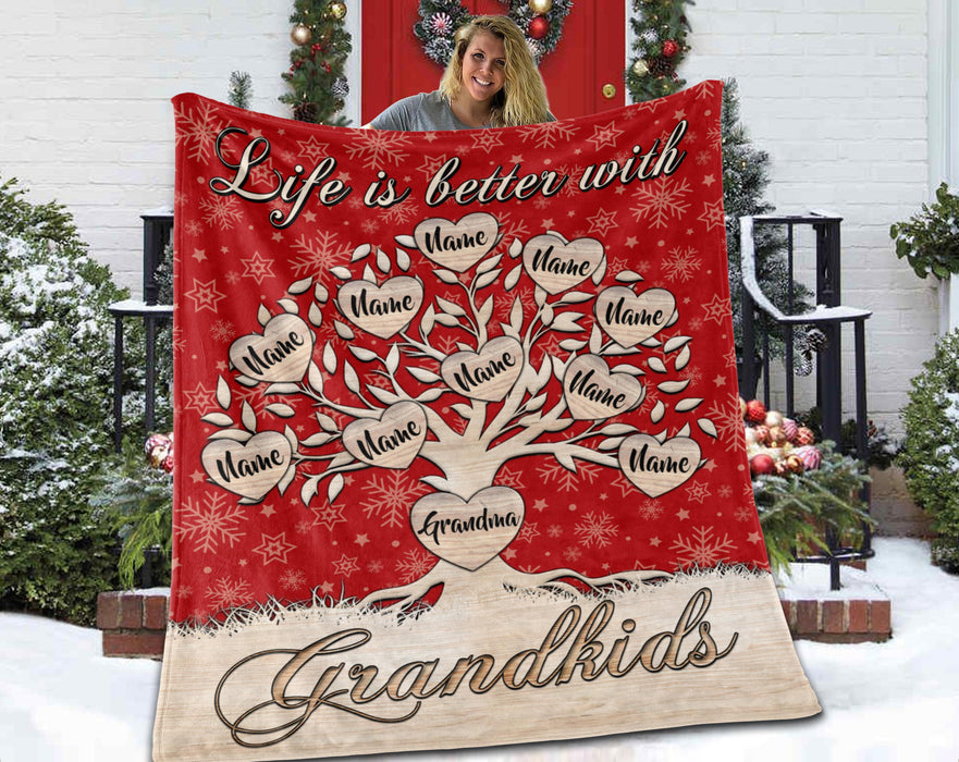 Personalized Blanket For Grandma Life Is Better With Grandkids Family Tree & Snowflake Printed Custom Grandkids Name