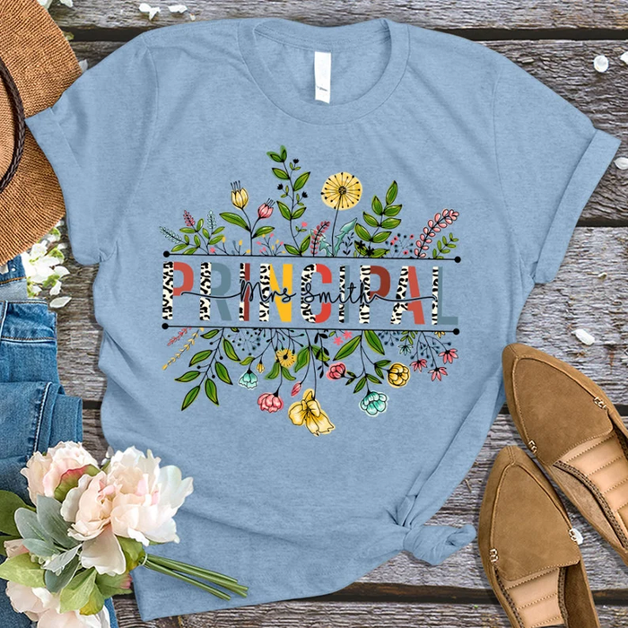 Personalized Unisex T-Shirt For Principle Colorful Flowers & Leopard Design Custom Name Back To School Outfit