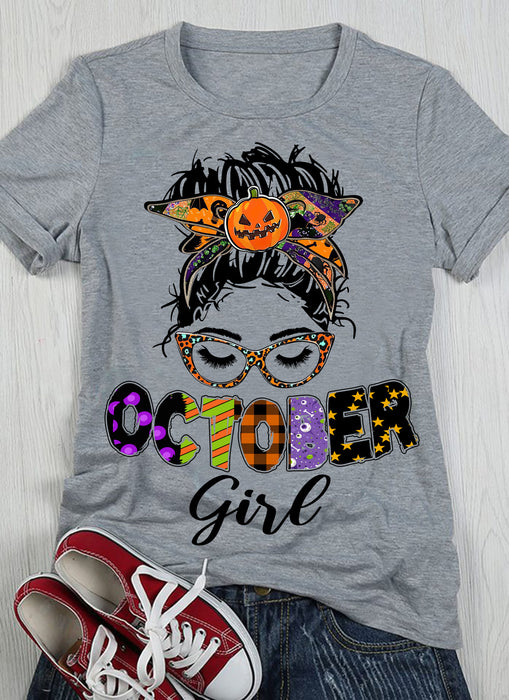 Classic T-Shirt For Women October Girl Messy Bun Black Hair Design With Pumpkin Ribbon Halloween Shirts