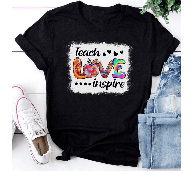 Classic T-Shirt For Teacher Teach Inspire Tie Dye Apple Design Pencil Print Custom Name Back To School Outfit