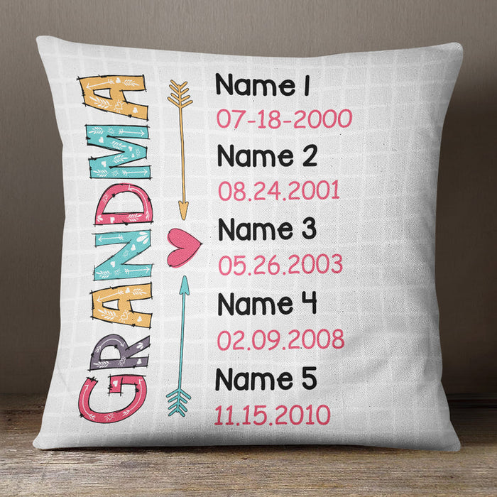Personalized Square Pillow For Grandma Arrow Heart Colorful Checkered Custom Grandkids Name Sofa Cushion Christmas Gifts