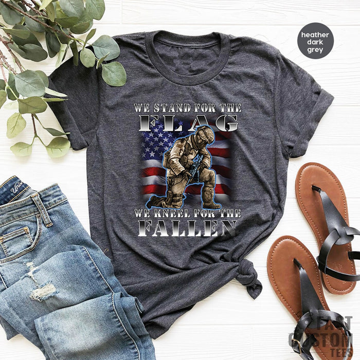 Classic Unisex T-Shirt We Stand For The Flag We Kneel For The Fallen American Soldier US Flag Red White Blue Shirt