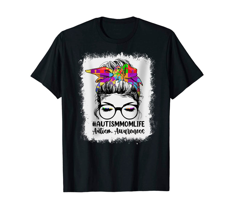 Classic T-Shirt For Autism Mom Messy Bun Hair Woman Hashtag Autism Mom Life Autism Awareness Puzzle Design
