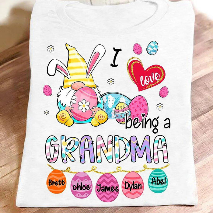 Personalized T-Shirt I Love Being A Grandma Cute Bunny Gnome With Easter Eggs Printed Custom Grandkids Name