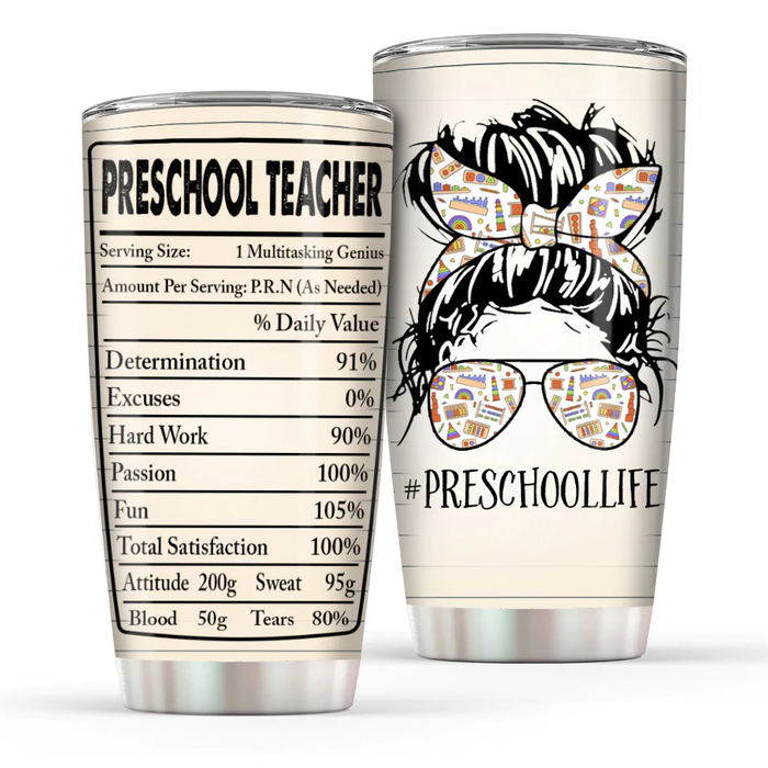 Personalized Tumbler For Teacher Messy Bun Preschool Teacher Life Custom Grade Gifts For Back To School 20oz Travel Cup