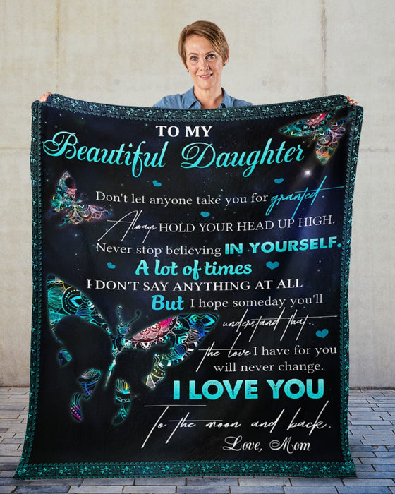 Personalized To My Beautiful Daughter From Mom Fleece Blanket Print Butterfly Night Sky Never Stop Believing In Yourself