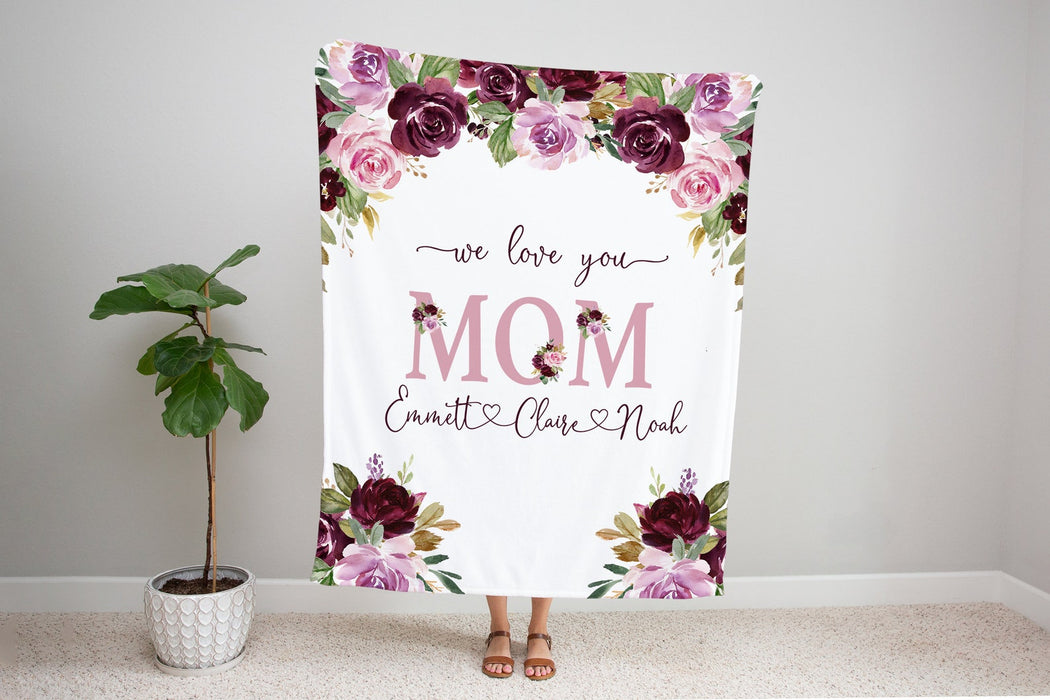Personalized Mauve Floral Blanket For Mom Grandma We Love You Family Lovely Blankets Custom Title & Kids Name