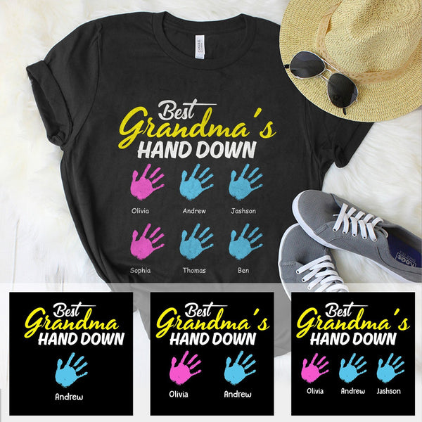 Personalized T-Shirt Best Grandma'S Hand Down Cute Colorful Handprints Printed Custom Grandkids Name