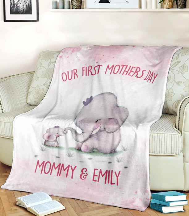 Personalized Premium Pink Blanket For New Mom Our First Mother'S Day Mommy & Daughter Cute Elephant & Baby Custom Name