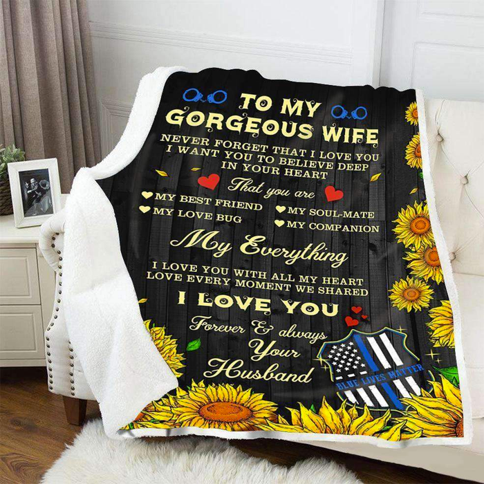 Personalized Blanket To My Gorgeous Wife From Husband Police Rustic Sunflower Printed Custom Name Valentine Blanket