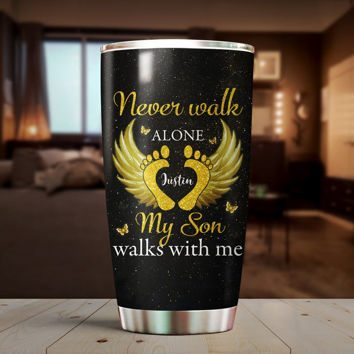 Personalized Memorial Gifts Tumbler For Loss Of Son Never Walk Alone Footprints Angel Wings Custom Name Travel Cup