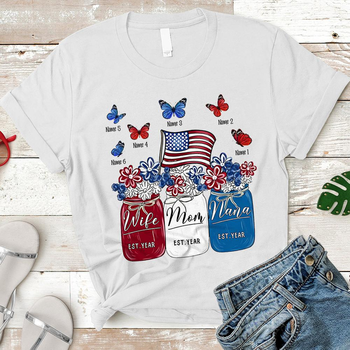 Personalized T-Shirt For Grandma Wife Mom Nana USA Flag Butterfly Design Custom Grandkids Name 4th July Day Shirt