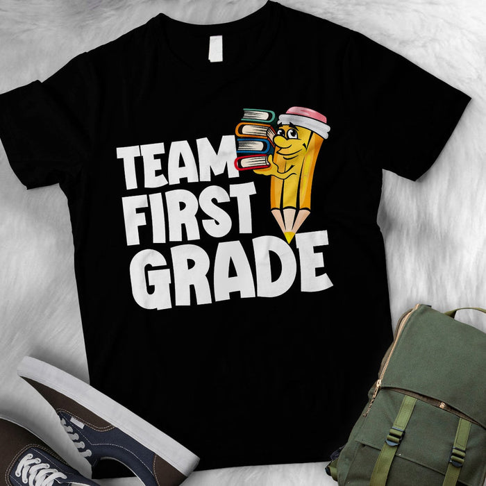 Personalized T-Shirt Team First Grade Back To School Outfit Funny Pencil Printed Custom Grade Level Gift Ideas For Kids