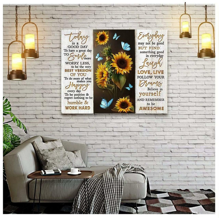 Matte Canvas To Day Is A Good Day To Smile More Worry Less Sunflower & Butterfly Motivate Canvas Wooden Background