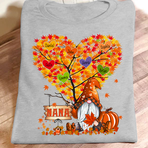 Personalized T-Shirt For Grandma Nana Gnome With Pumpkin And Heart Tree Maple Leaves Printed Plaid Design Fall Shirt