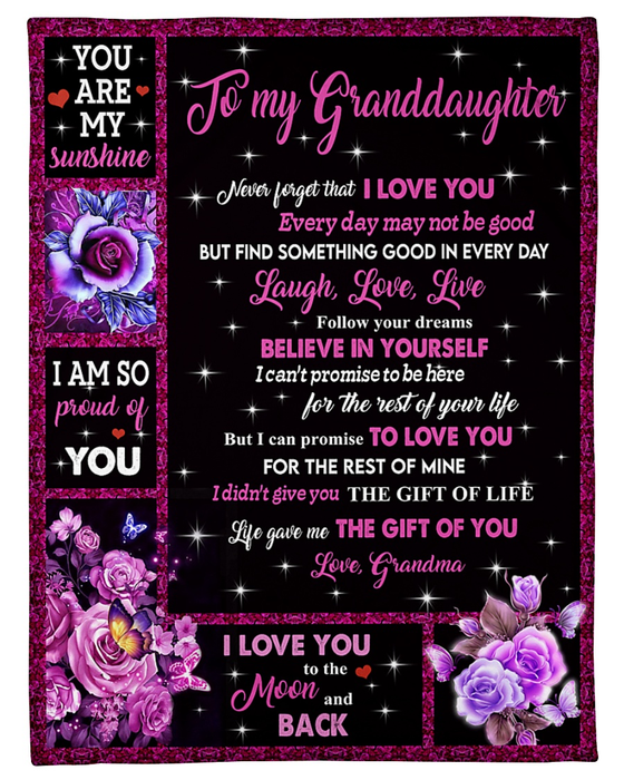 Personalized To My Granddaughter Blanket From Grandma Flower & Butterfly Printed Star Night Design Custom Name
