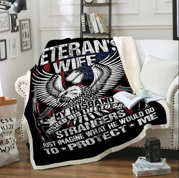 Fleece Black Blanket For Veteran Is Wife With Design Eagle Pistol Veteran Pendant American flag