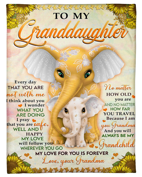 Personalized To My Granddaughter Blanket From Grandpa Grandma Yellow Elephant Hugging Sunflower Custom Name Xmas Gifts