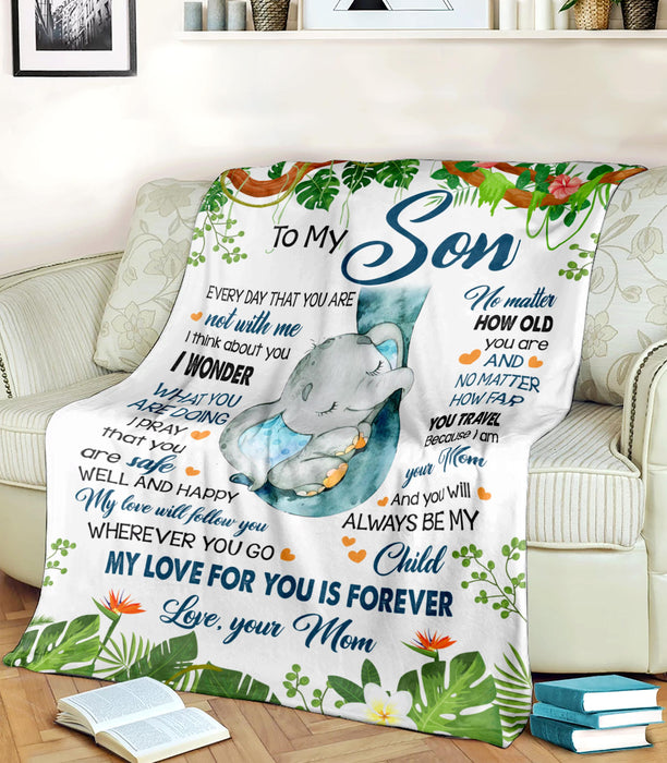 Personalized To My Son Blanket From Mom Every Day That You Are Not With Me Cute Sleeping Elephant & Flower Printed
