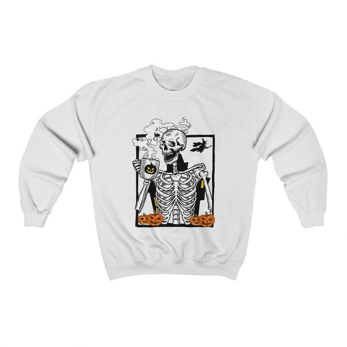 Classic Sweatshirt For Halloween Skeleton With Hot Coffee Printed Flying Witch And Pumpkin Lantern Funny Skull Shirt