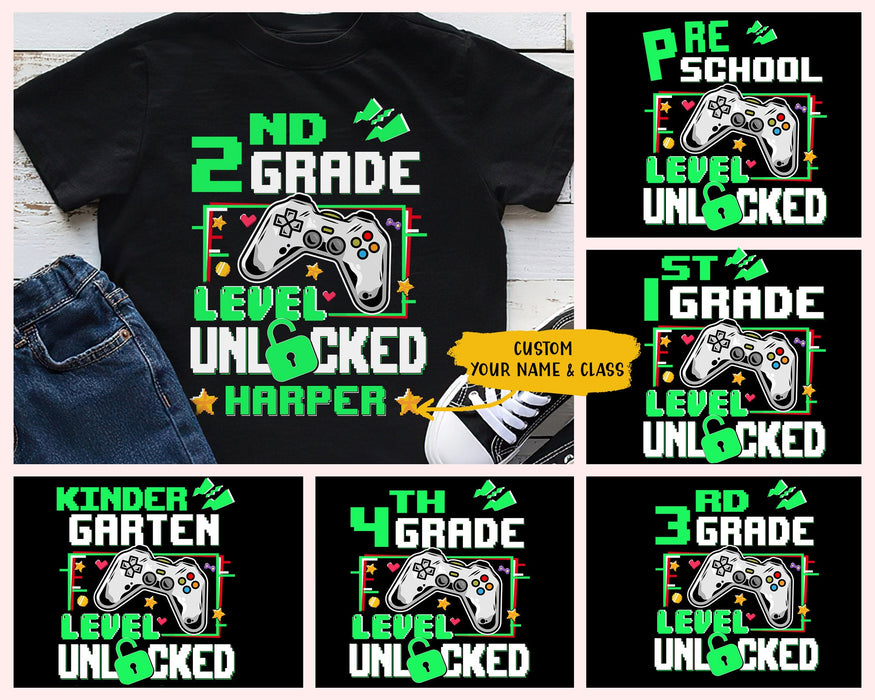 Personalized T-Shirt Gifts For Kids 2nd Grade Level Unlocked Game Lovers Custom Name & Grade Shirt Back To School Outfit