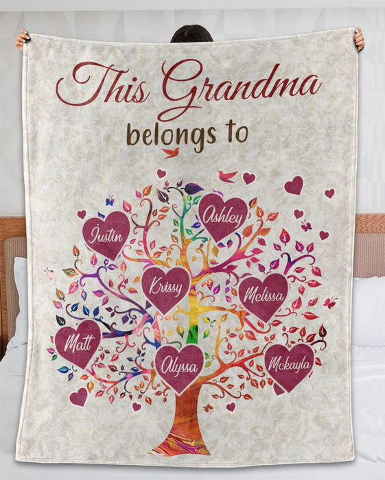 Personalized Blanket This Grandma Belongs To Custom Grandkids Name Colorful Family Tree With Hearts Printed