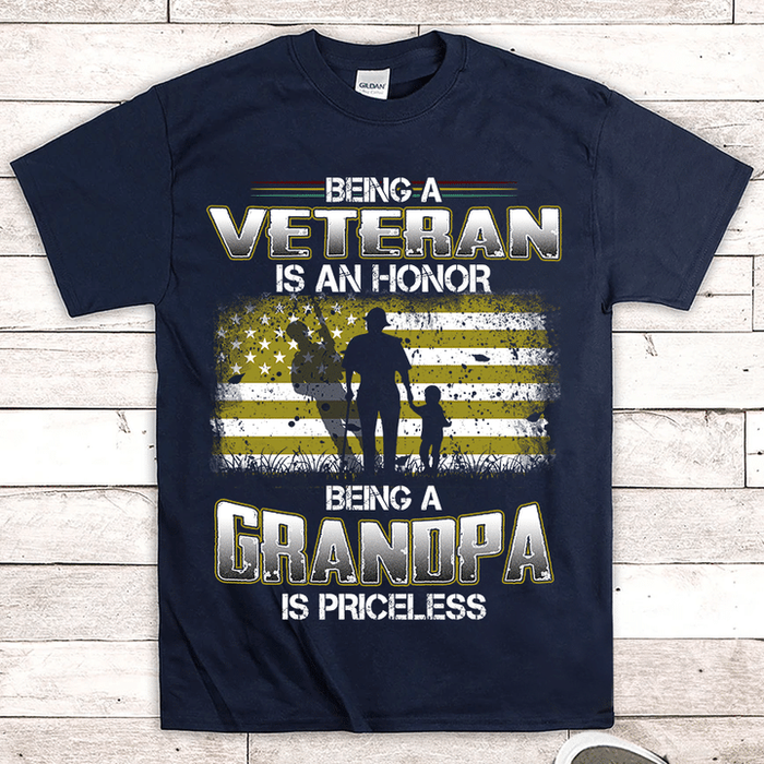 Personalized T-Shirt Being Grandpa Is Priceless USA Flag Vintage Design Custom Grandkids Name 4th July Day Shirt