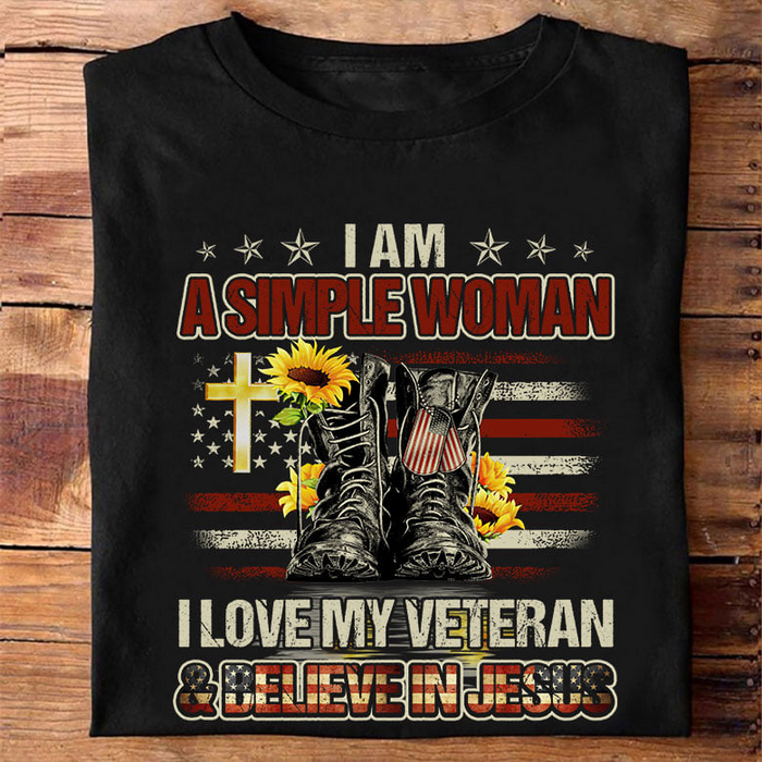 Classic T-Shirt For Women Military Boots With Sunflowers And US Flag Printed I Love My Veteran & Believe In Jesus