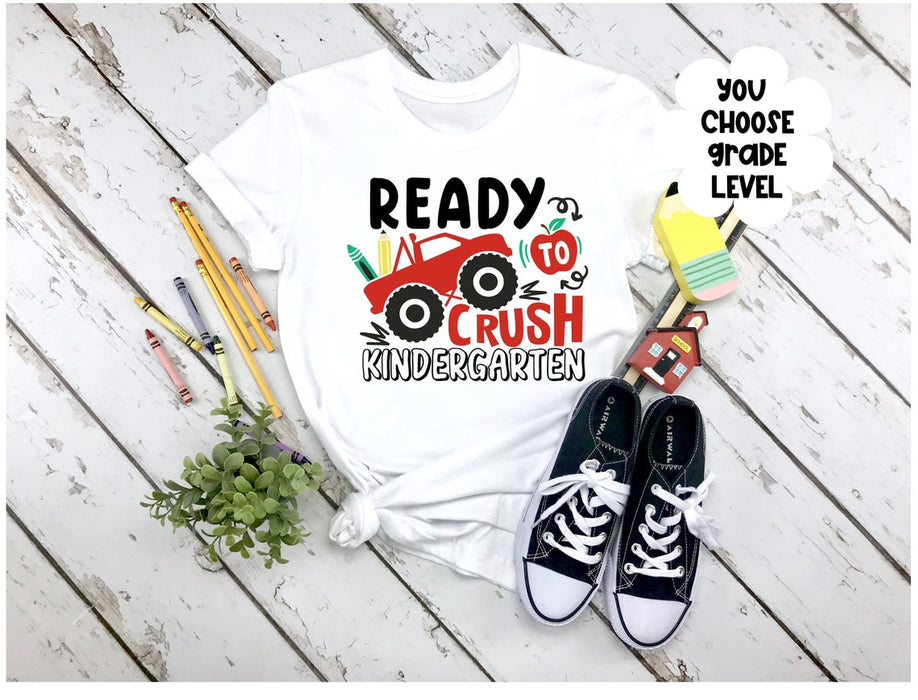 Personalized T-Shirt For Kids Back To School Ready To Crush Kindergarten Monster Truck With Pencil Custom Grade Level