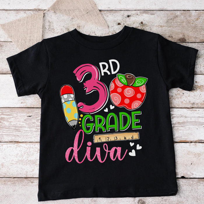 Personalized T-Shirt For Kids 3rd Grade Diva Colorful Design Apple & Pencil Custom Grade Level Back To School Outfit