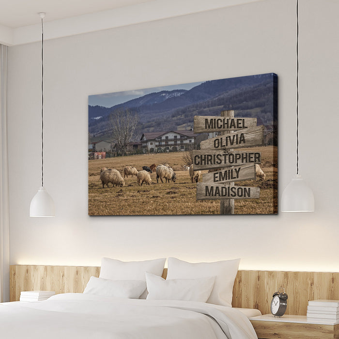 Personalized Canvas Wall Art Gifts For Family Sheep Grazing On Dry Grass Pasture Custom Name Poster Prints Wall Decor