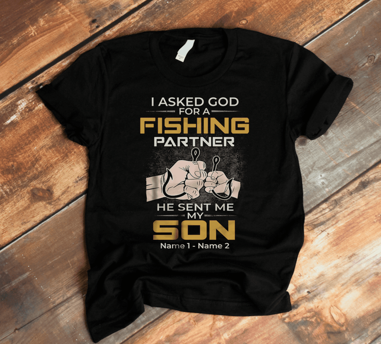 Personalized T-Shirt For Fishing Lovers To Dad I Asked God Fist Bump And Fish Hook Printed Custom Kids Name