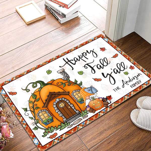 Personalized Welcome Doormat For Fall Lovers Happy Fall Y'all Cute Pumpkin House With Leaves Printed Custom Family Name