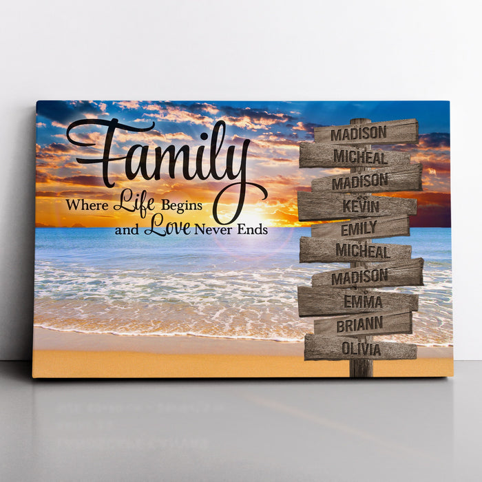 Personalized Canvas Wall Art Gifts For Family Sunset Beach Signs Love Never Ends  Custom Name Poster Prints Wall Decor