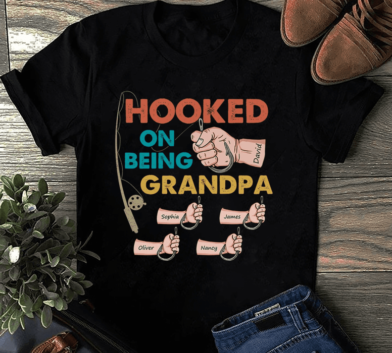 Personalized T-Shirt For Fishing Lovers Hooked On Being Grandpa Vintage Design Custom Grandkids Name Father's Day Shirt