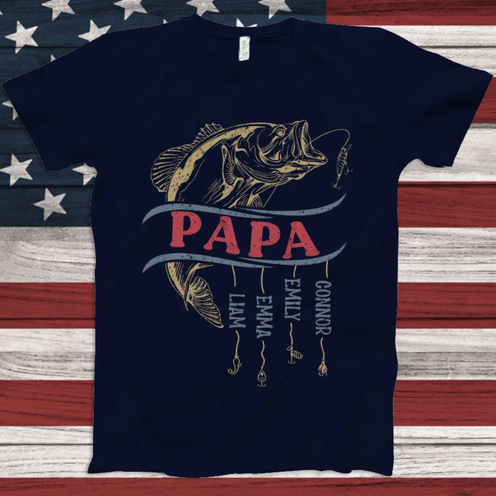 Personalized T-Shirt For Fishing Lovers To Grandpa Papa Vintage Style Fish Print Custom Grandkids Name