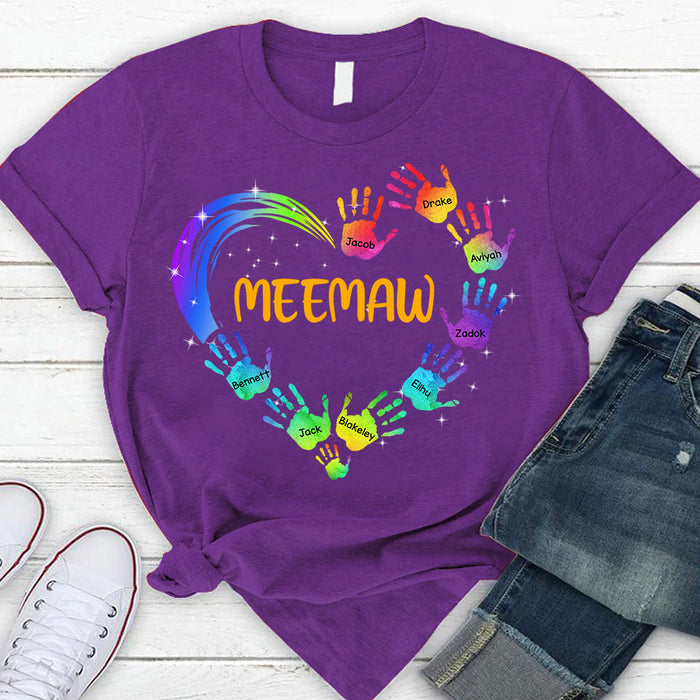 Personalized T-Shirt For Grandma Meemaw Heart & Handprint Tie Dye Design Custom Grandkid's Name Mother's Day Shirt