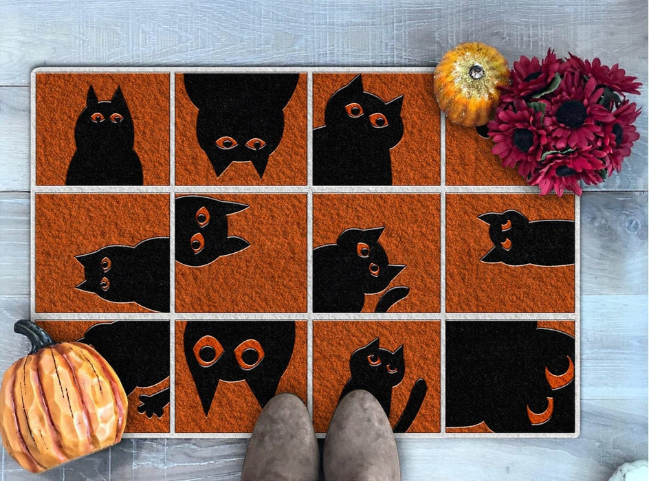 Welcome Doormat Cute Peeking Black Cat Printed Orange Background Doormat Happy Halloween Doormat For Cat Lovers