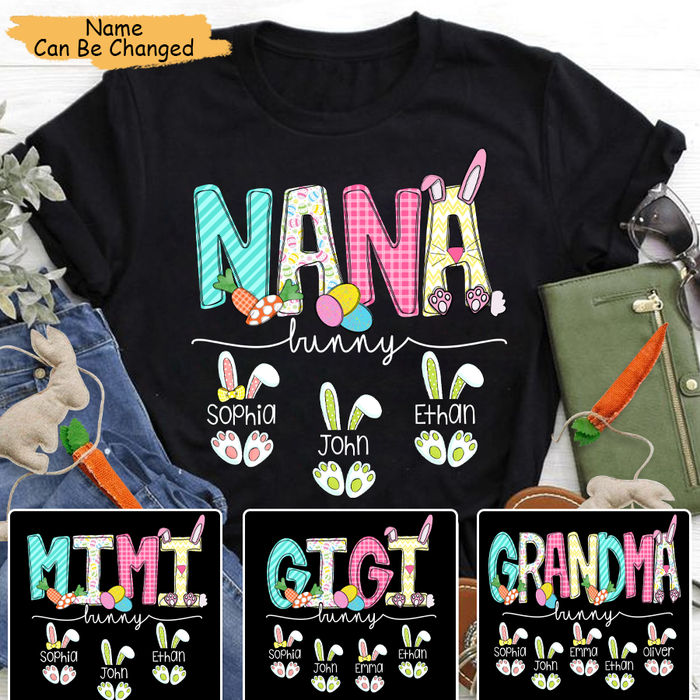 Personalized T-Shirt For Grandma Nana Bunny With Eggs & Carrot Printed Custom Grandkids Name Happy Easter Day Shirt