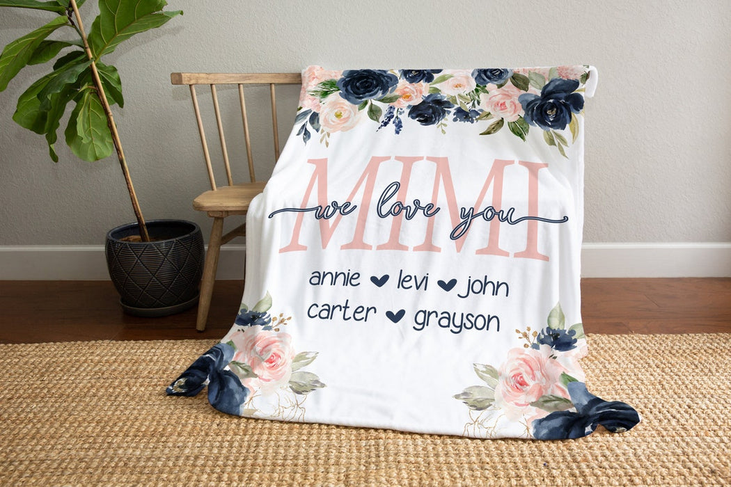 Personalized Blanket For Grandma Mimi Nana Mama We Love You Colorful Flower Printed Custom Grandkids Name Fleece Blanket