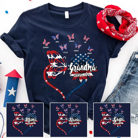 Personalized T-Shirt For Grandma Sunflower Butterfly Print USA Flag Design Custom Grandkids Name 4th Of July Shirt