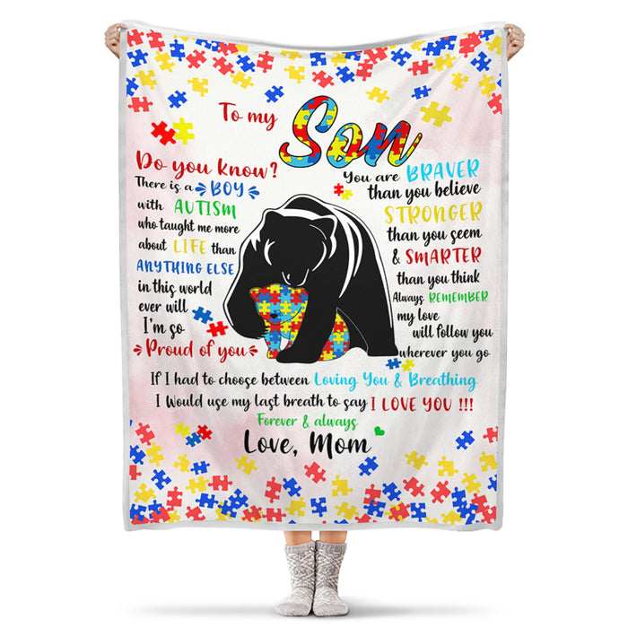Personalized To My Son Blanket From Mom My Love Will Follow You Wherever You Go Autism Bear Puzzle Blanket