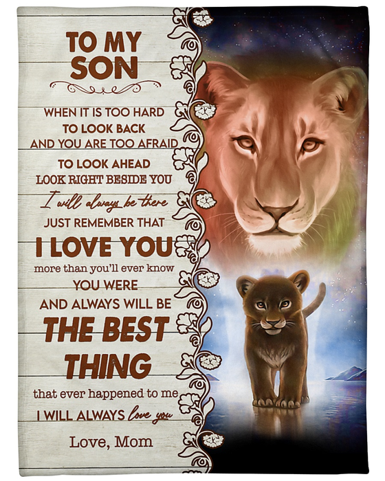 Personalized Blanket To My Son From Mom Always Be There Old And Baby Lion Printed Wooden Background Custom Name