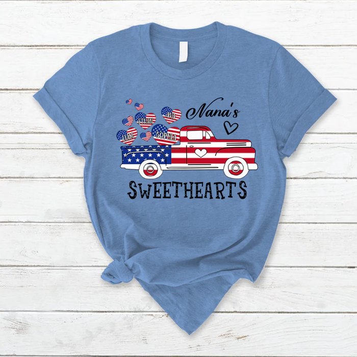 Personalized T-Shirt For Grandma Nana's Sweetheart Truck USA Flag Design Custom Grandkids Name 4th Of July Shirt