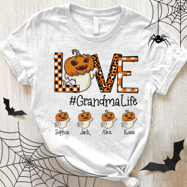 Personalized T-Shirt Love Hashtag Grandma Life Cute Pumpkin Ghost Printed Plaid Leopard Design Custom Grandkid's Name