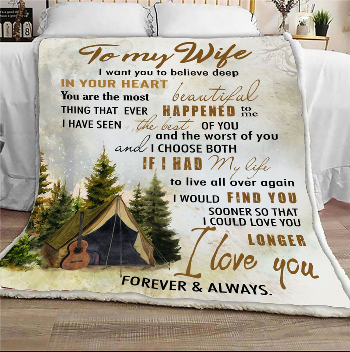 Personalized Camping Blanket To My Wife Believe Deep In Your Heart Print Tent & Guitar Custom Name Blanket For Valentine